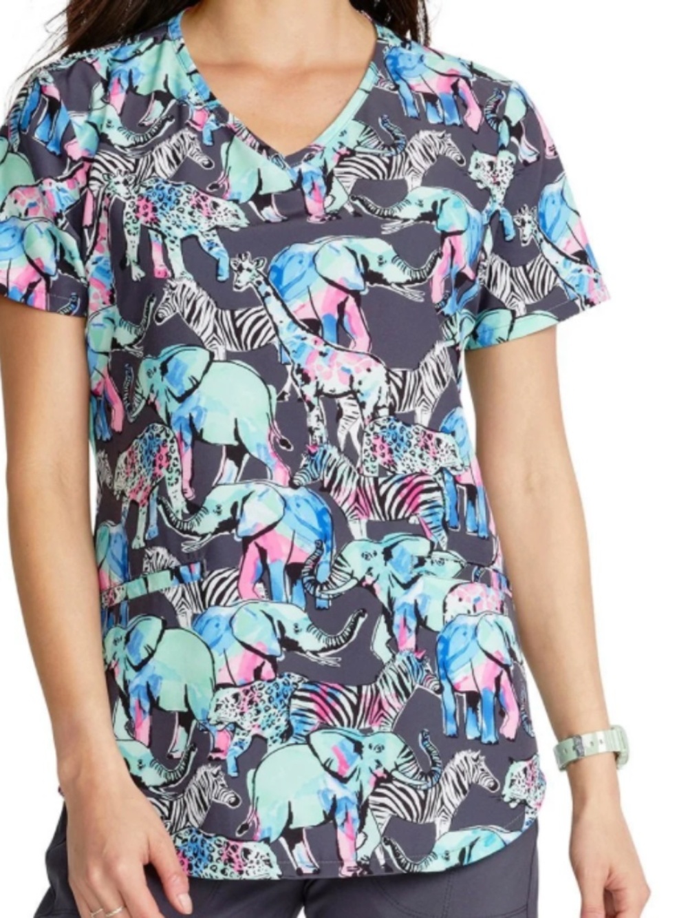 Herd That Cherokee Animal Print V Neck Scrub Top